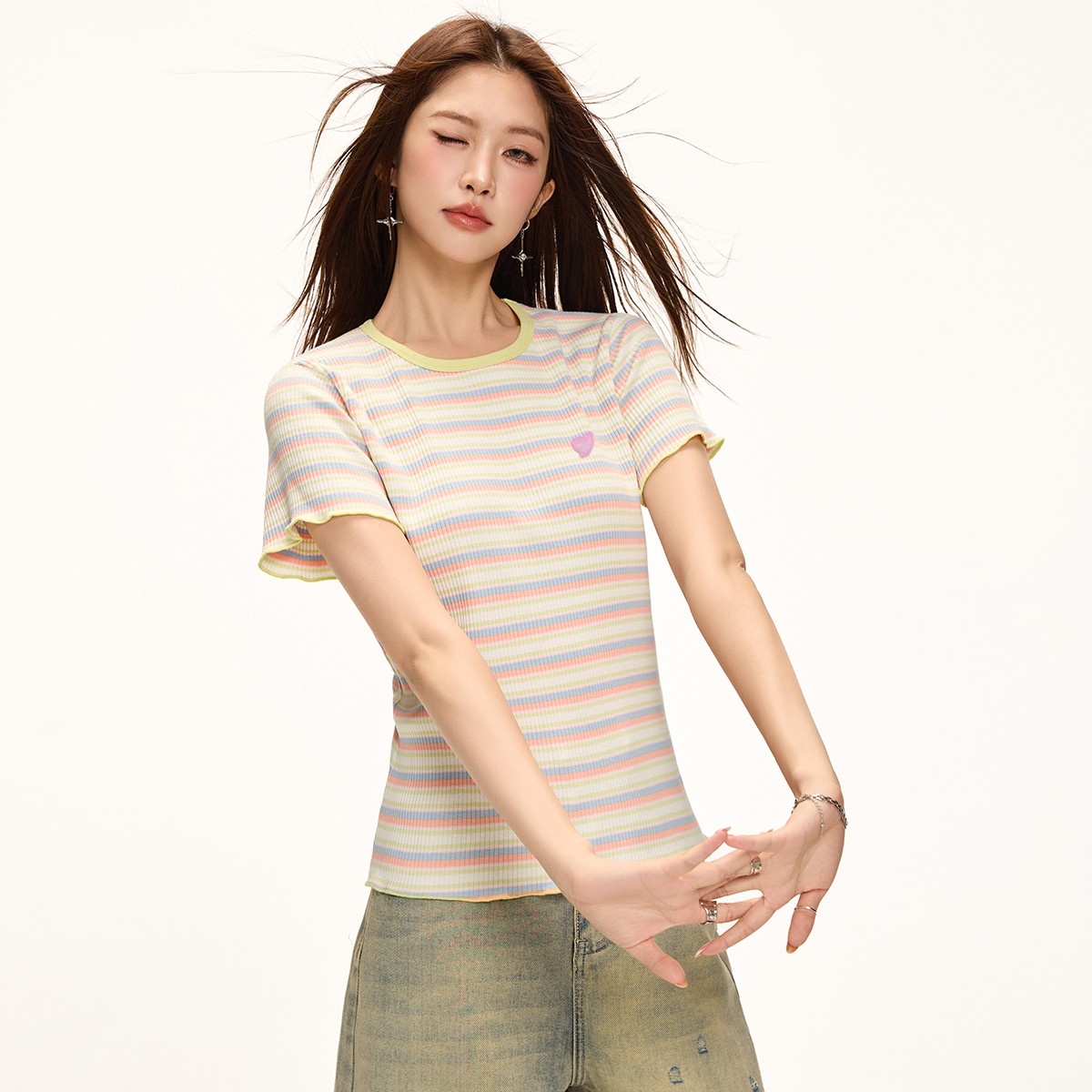 13714815.CHOCOOLATE减龄撞色木耳边短袖t恤夏季条纹显瘦女上衣