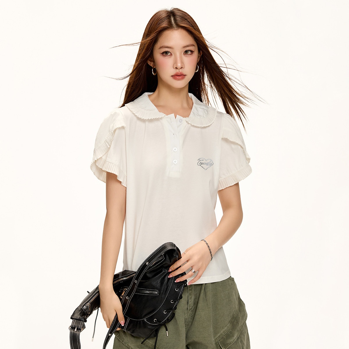 13714811.CHOCOOLATE不规则设计娃娃领短袖t恤夏季学院风女上衣