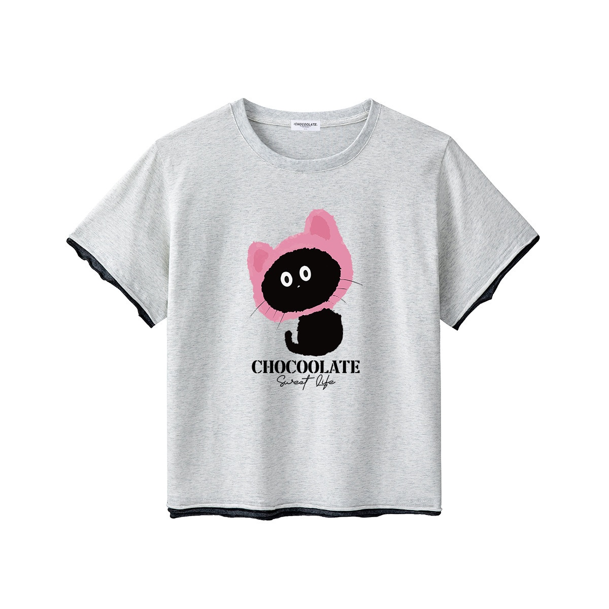 13714846.CHOCOOLATE撞色边短袖t恤夏季休闲宽松印花上衣体恤衫