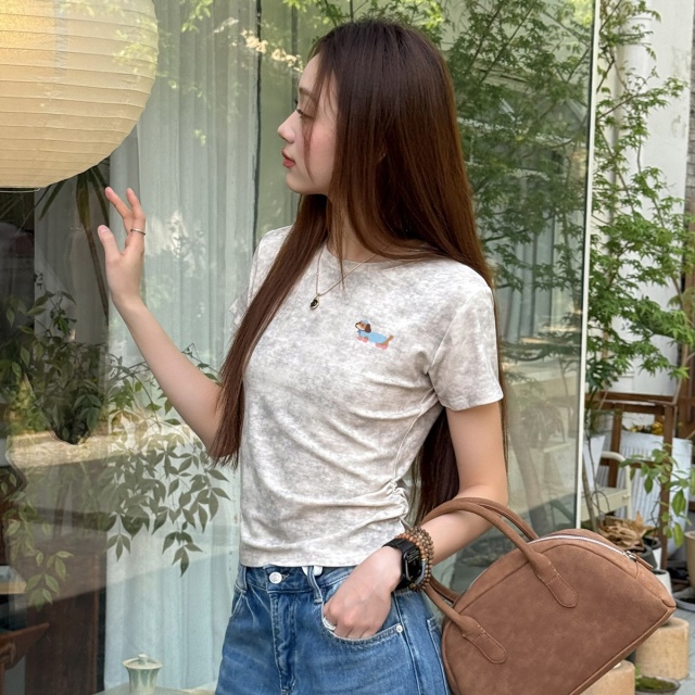 13714769.CHOCOOLATE小众设计扎染圆领短袖t恤夏季褶皱收腰上衣