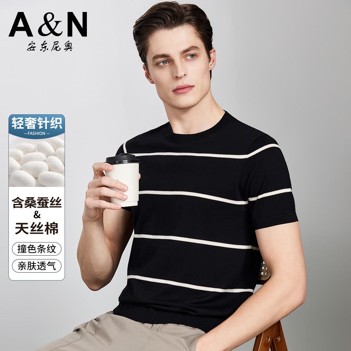 13336081.【高端针织系列】春夏轻奢含桑蚕丝T恤男撞色条纹圆领四面弹T恤