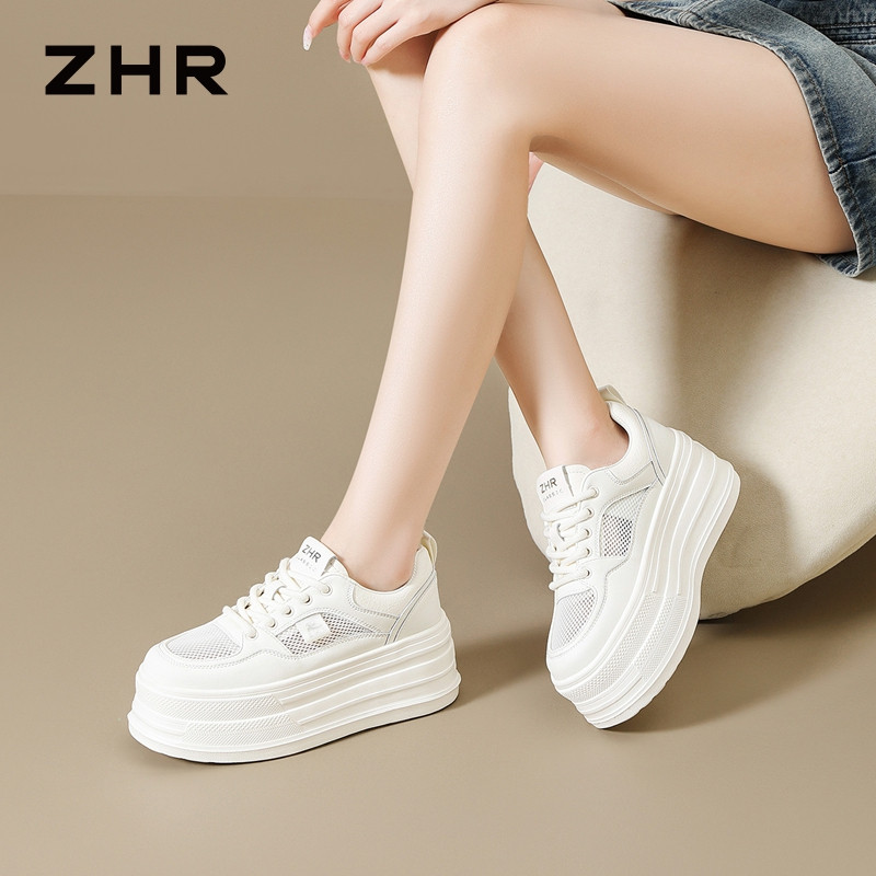 13339987.【ZHR则则】厚底小白鞋圆头系带厚底女鞋[PU+网布]
