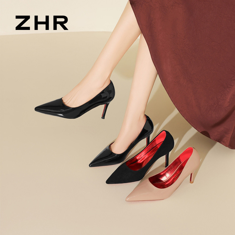 13340074.【ZHR则则】高跟鞋(细跟)尖头套脚细跟女鞋[镜面黑、裸粉色鞋面：镜面PU；黑色鞋面：绒布]