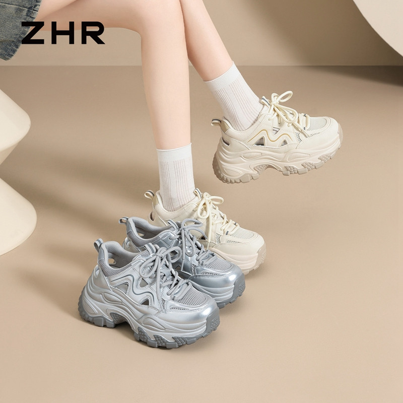 13339981.【ZHR则则】老爹鞋圆头系带厚底女鞋[PU+网布]