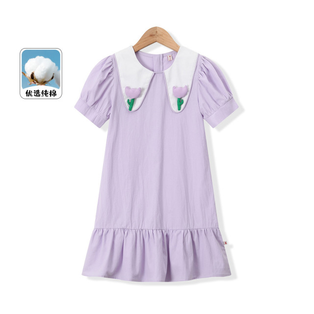 13336609.【立体花朵泡泡袖纯棉连衣裙】女童夏季新款洋气紫色公主裙中大童