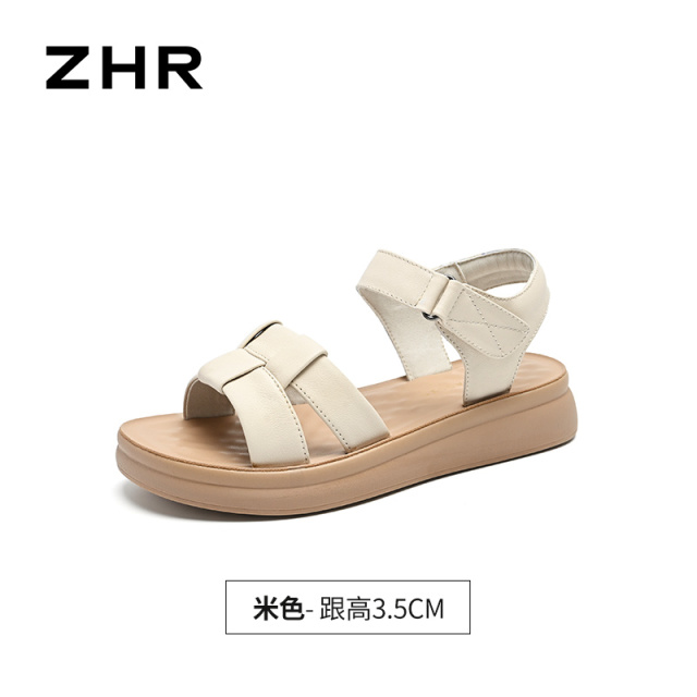 13535552.【ZHR则则】妈妈凉鞋露趾魔术贴编织厚底女鞋[头层牛皮]