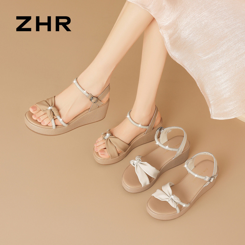13340009.【ZHR则则】坡跟凉鞋露趾搭扣厚底女鞋[PU+织物+牛剖层移膜革]