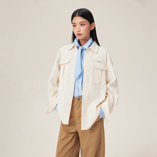 13340312.昂诺字母坑条衬衫女士冬季绣花宽松长袖翻领衬衣
