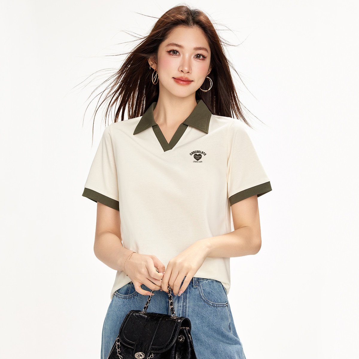13714681.CHOCOOLATEv领polo衫短袖女夏季学院风小个子上衣