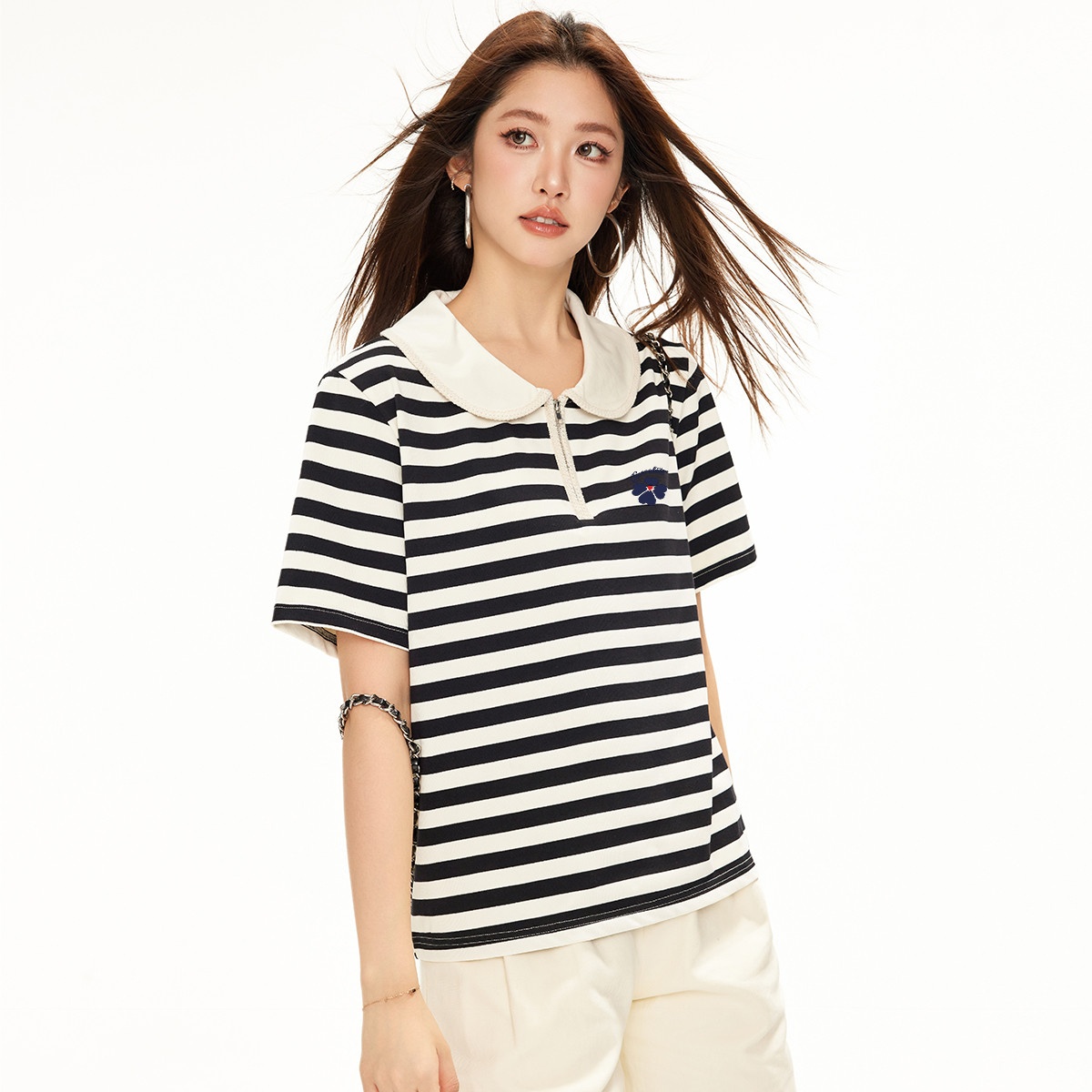 13714678.CHOCOOLATE夏季甜美少女翻领polo衫条纹衫短袖t恤