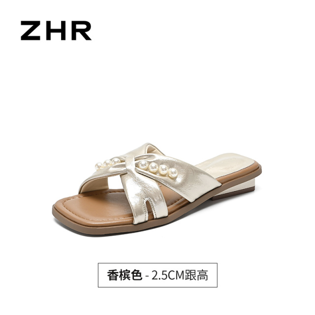 13844674.【ZHR则则】粗跟方头拖鞋套脚平底女鞋[PU]