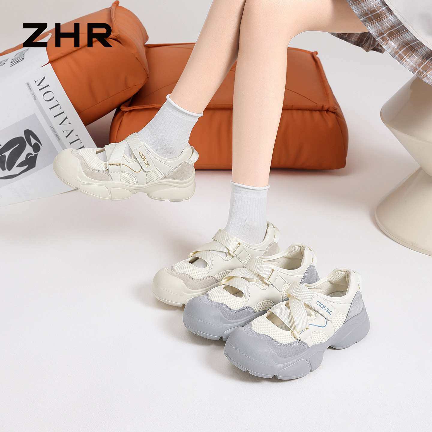 13340007.【ZHR则则】户外休闲鞋圆头魔术贴厚底女鞋[猪巴戈+PU+网布]