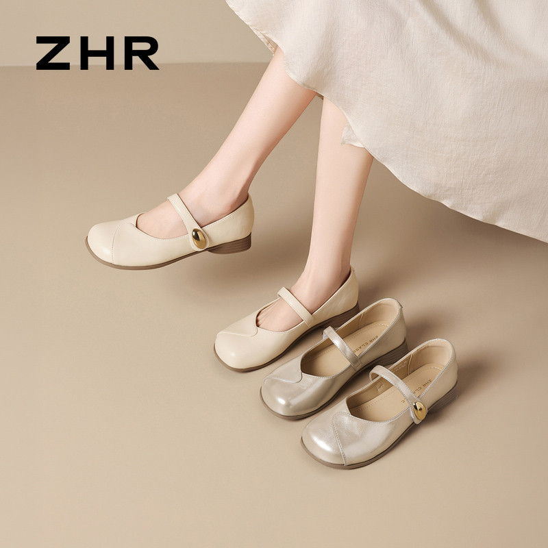 13339996.【ZHR则则】平底玛丽珍鞋圆头魔术贴平底女鞋[米色：超纤；香槟色：PU]