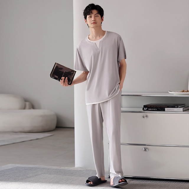 13340225.派邦奴夏季新款男士居家舒适软糯显瘦睡衣套装fd