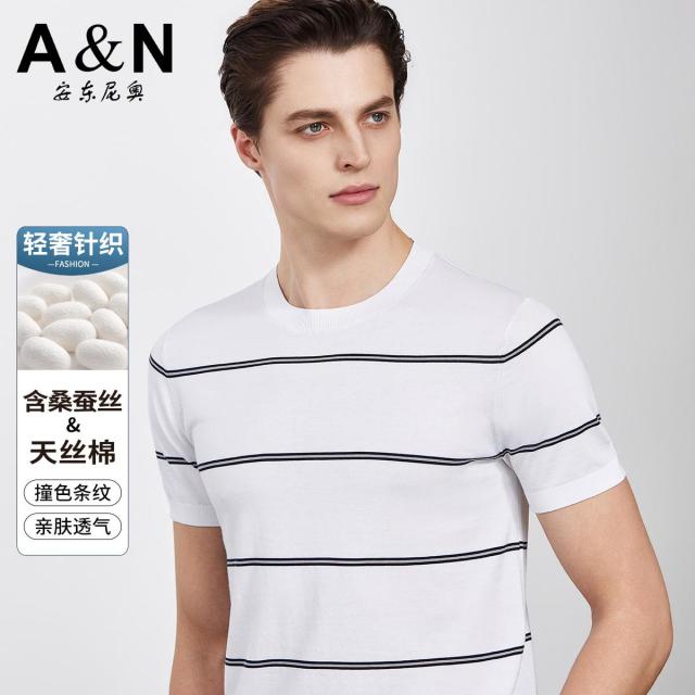 13336081.【高端针织系列】春夏轻奢含桑蚕丝T恤男撞色条纹圆领四面弹T恤
