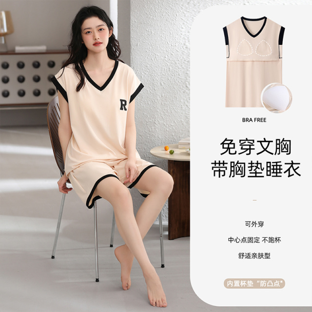 13340133.派邦奴带胸垫V领夏天薄款时尚短袖可外穿家居服fd