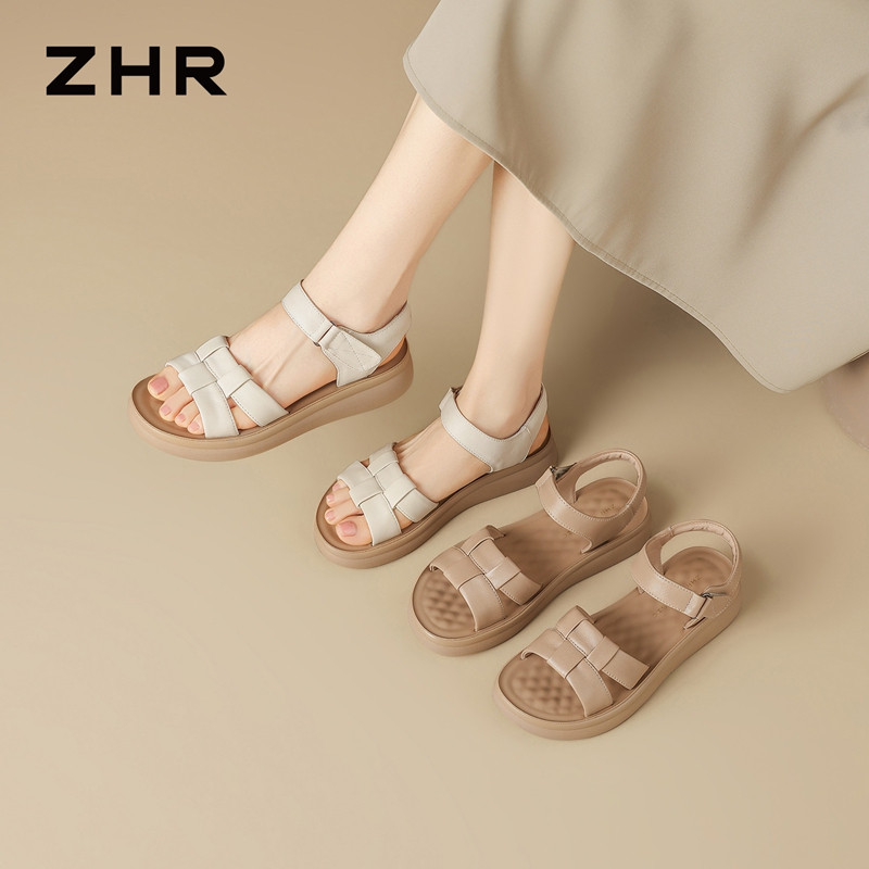 13535552.【ZHR则则】妈妈凉鞋露趾魔术贴编织厚底女鞋[头层牛皮]