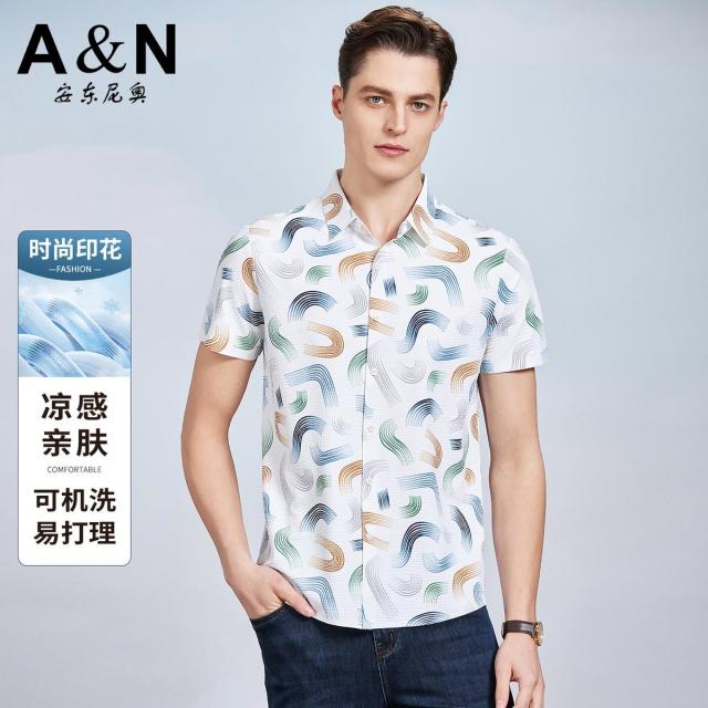 13335931.【凉感易打理系列】夏季薄款男式衬衫高弹短袖开衫印花休闲衬衣