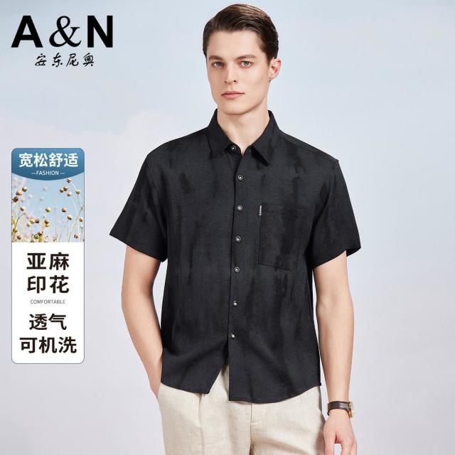 13336045.【透气可机洗】夏季日常休闲宽松舒适男翻领衬衫亚麻印花轻薄短袖