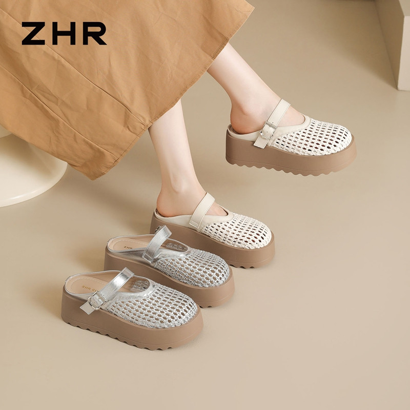 13534960.【ZHR则则】包头拖圆头立体网面套脚厚底女鞋[PU]