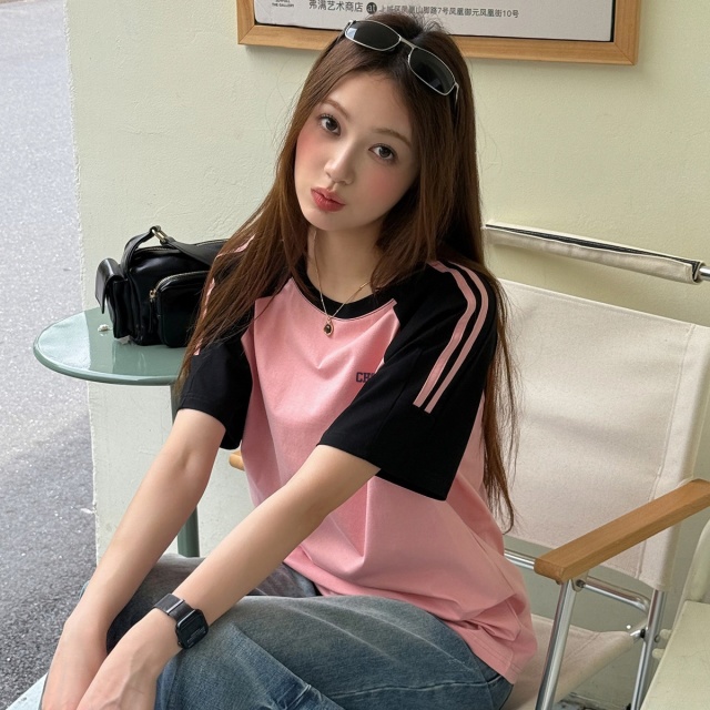 13714708.CHOCOOLATE夏季休闲宽松圆领短袖t恤撞色拼接设计上衣