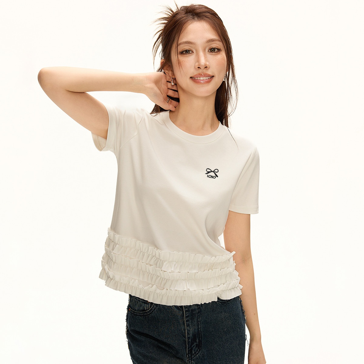 13714760.CHOCOOLATE【莱赛尔天丝】夏季薄款花边拼接短袖t恤衫