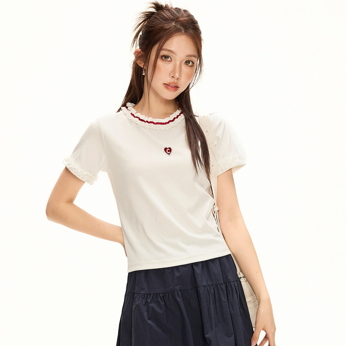 13714745.CHOCOOLATE【含天丝】夏季薄款蕾丝花边别致短袖t恤女