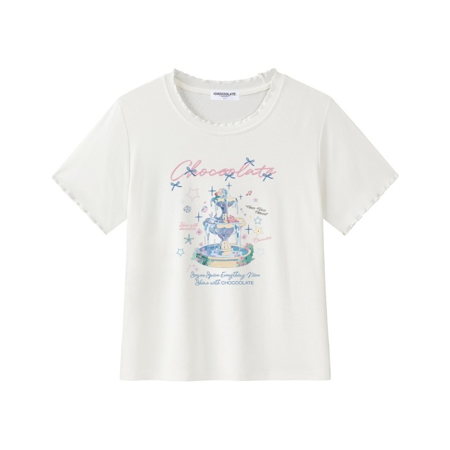 13714739.CHOCOOLATE印花短袖t恤夏日小清新木耳边休闲半袖上衣