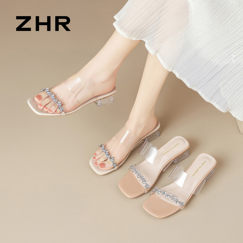 13340060.【ZHR则则】粗跟拖鞋露趾套脚粗跟女鞋[TPU]