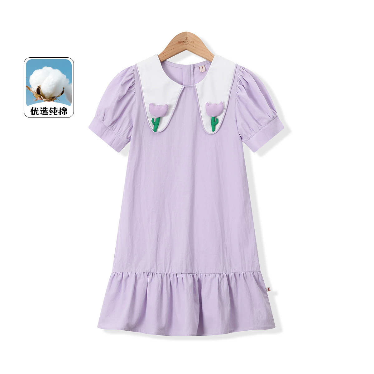 13336609.【立体花朵泡泡袖纯棉连衣裙】女童夏季新款洋气紫色公主裙中大童