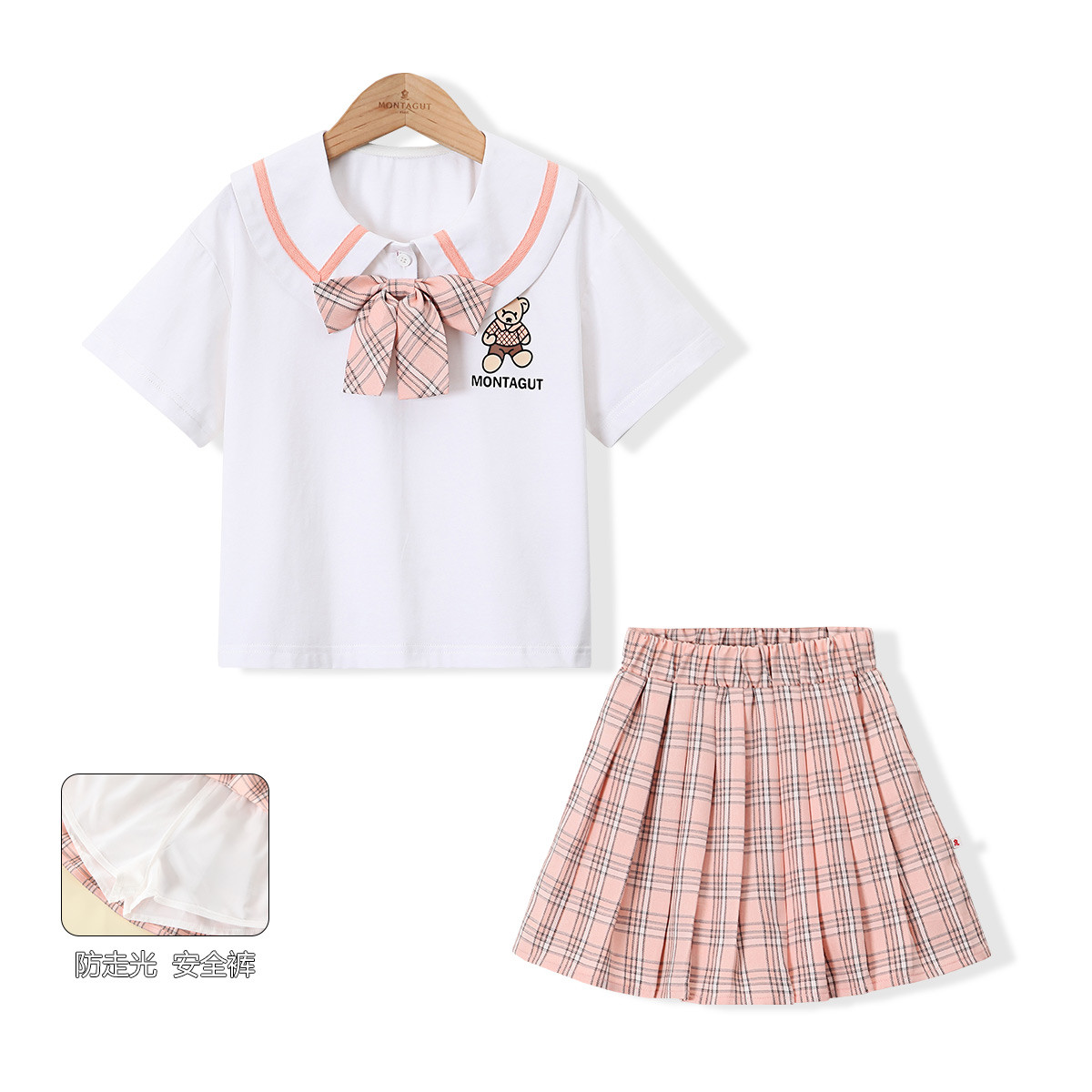 13336593.【甜美学院风小熊套装】女童夏薄款JK制服短袖T恤百褶裙两件套