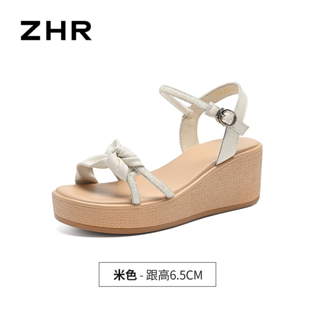 13340009.【ZHR则则】坡跟凉鞋露趾搭扣厚底女鞋[PU+织物+牛剖层移膜革]