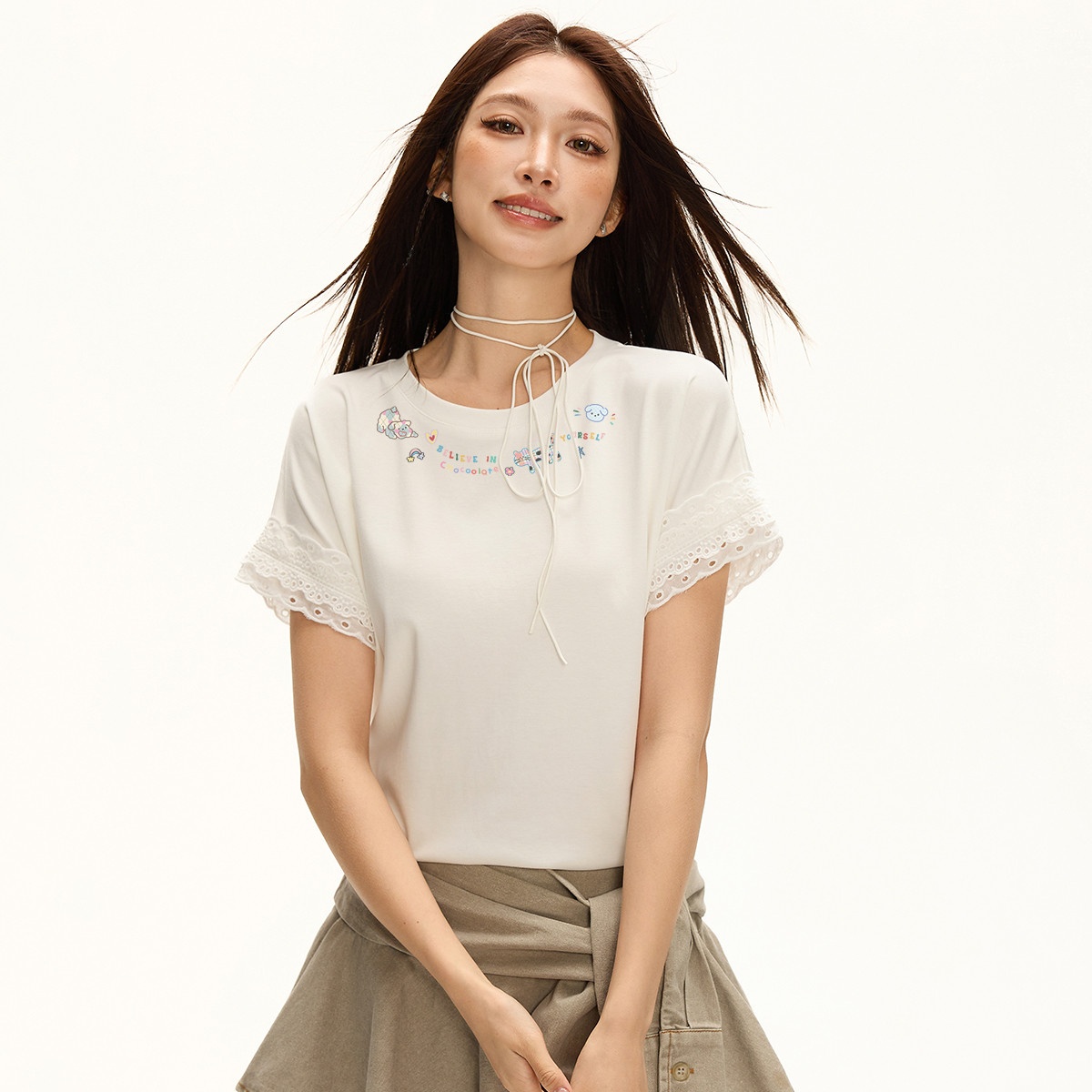 13714719.CHOCOOLATE【天丝薄款】花边拼接短袖t恤夏季宽松上衣