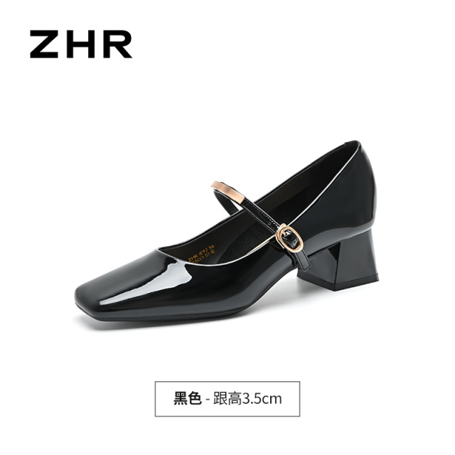 13340019.【ZHR则则】粗跟玛丽珍鞋方头搭扣粗跟女鞋[镜面PU]