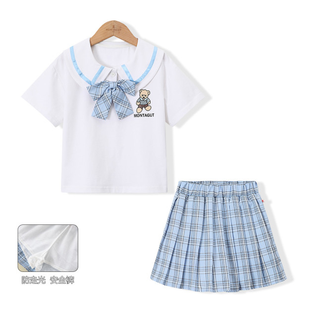 13336593.【甜美学院风小熊套装】女童夏薄款JK制服短袖T恤百褶裙两件套