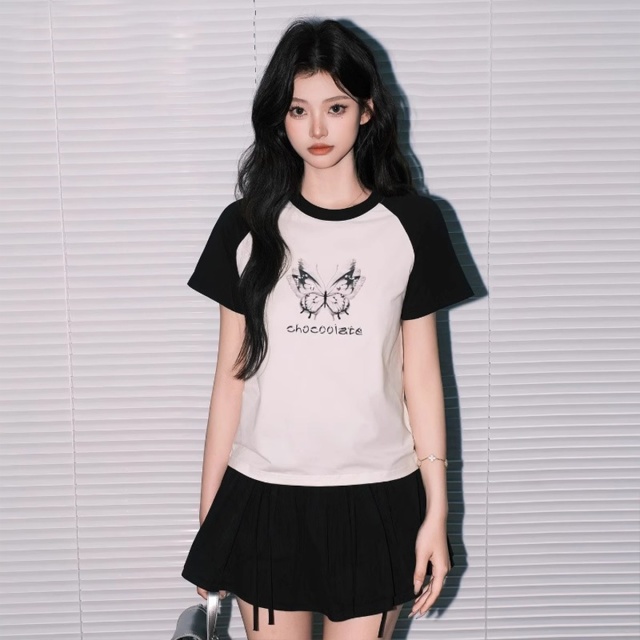 13714671.CHOCOOLATE蝴蝶印花夏季圆领撞色短袖t恤甜美少女半袖