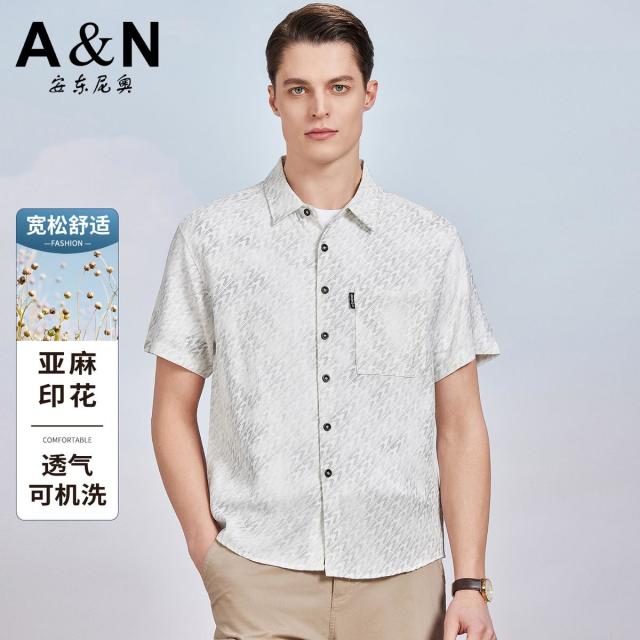 13336055.【透气可机洗】夏季亚麻印花休闲男式衬衫宽松舒适翻领轻薄短袖