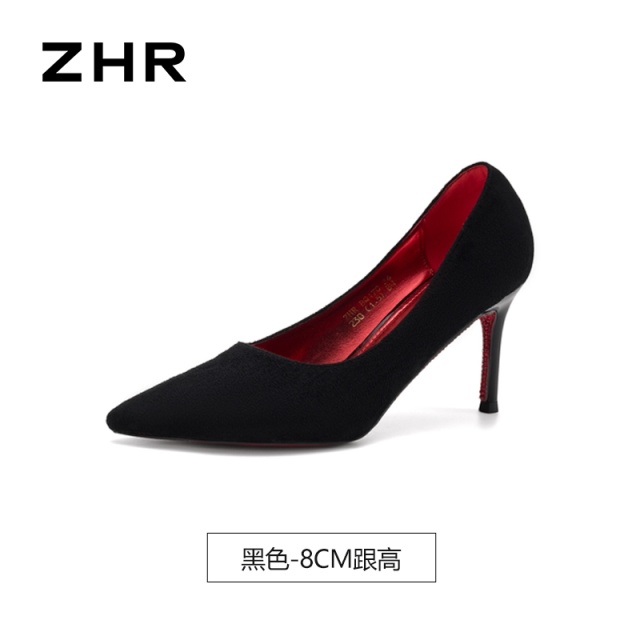 13340074.【ZHR则则】高跟鞋(细跟)尖头套脚细跟女鞋[镜面黑、裸粉色鞋面：镜面PU；黑色鞋面：绒布]