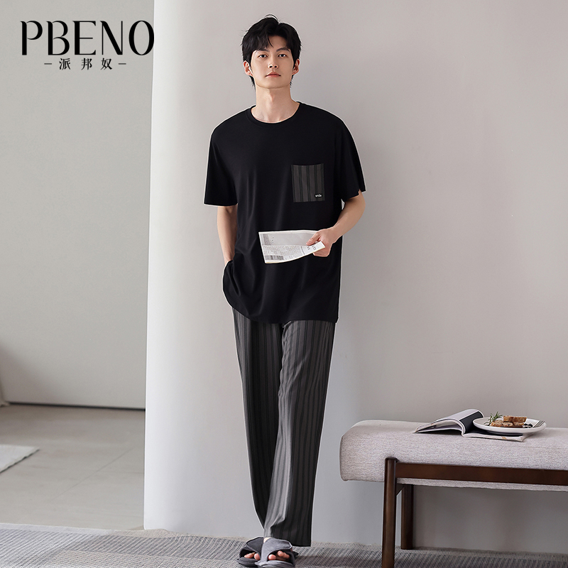 13340189.派邦奴男士夏秋季黑色睡衣简约软糯家居服套装fd