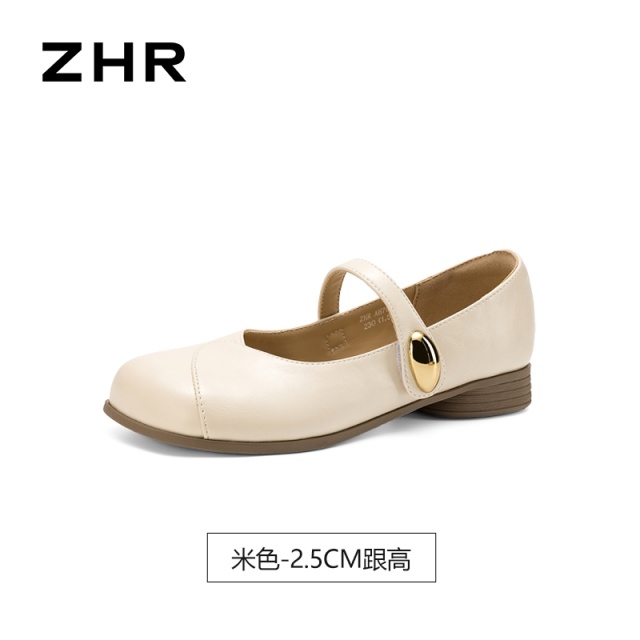 13339996.【ZHR则则】平底玛丽珍鞋圆头魔术贴平底女鞋[米色：超纤；香槟色：PU]