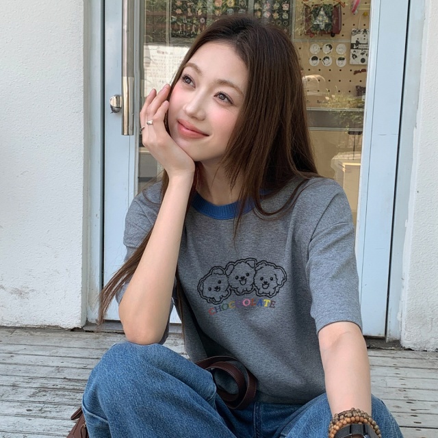 13714722.CHOCOOLATE可爱小狗印花短袖t恤夏季撞色宽松半袖体恤