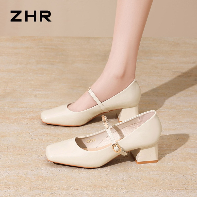13340019.【ZHR则则】粗跟玛丽珍鞋方头搭扣粗跟女鞋[镜面PU]