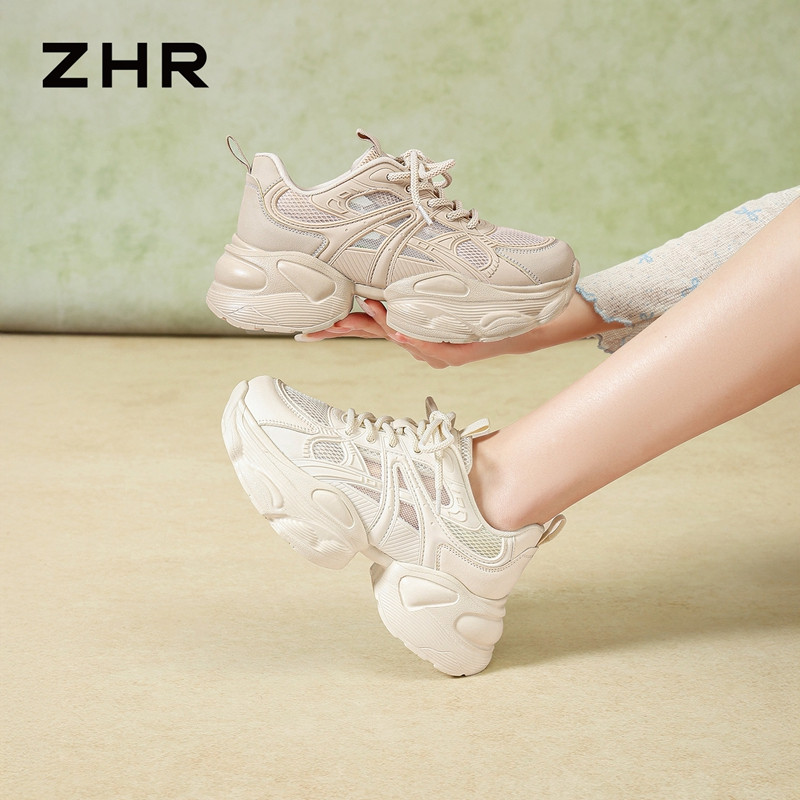 13340058.【ZHR则则】老爹鞋圆头系带厚底女鞋[PU+网布+KPU]