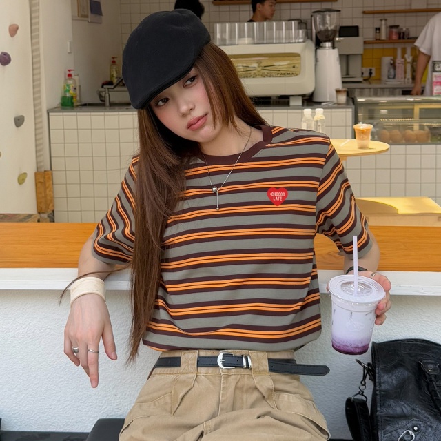 13714707.CHOCOOLATE条纹t恤夏季新款休闲宽松撞色女式短袖上衣