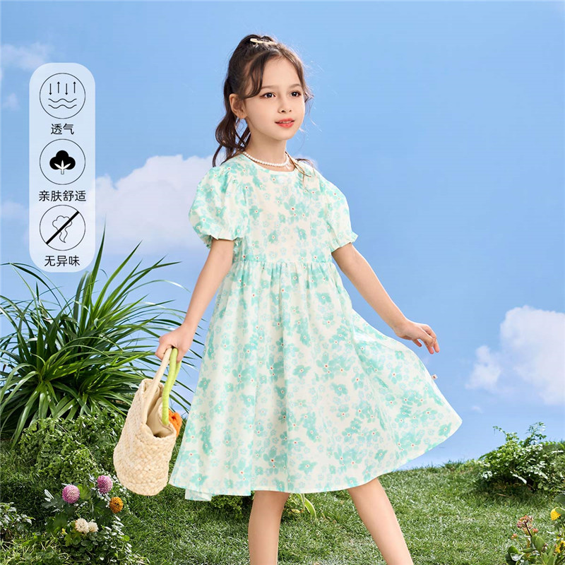 13339029.女童夏季连衣裙儿童时尚晕染花朵泡泡袖公主裙