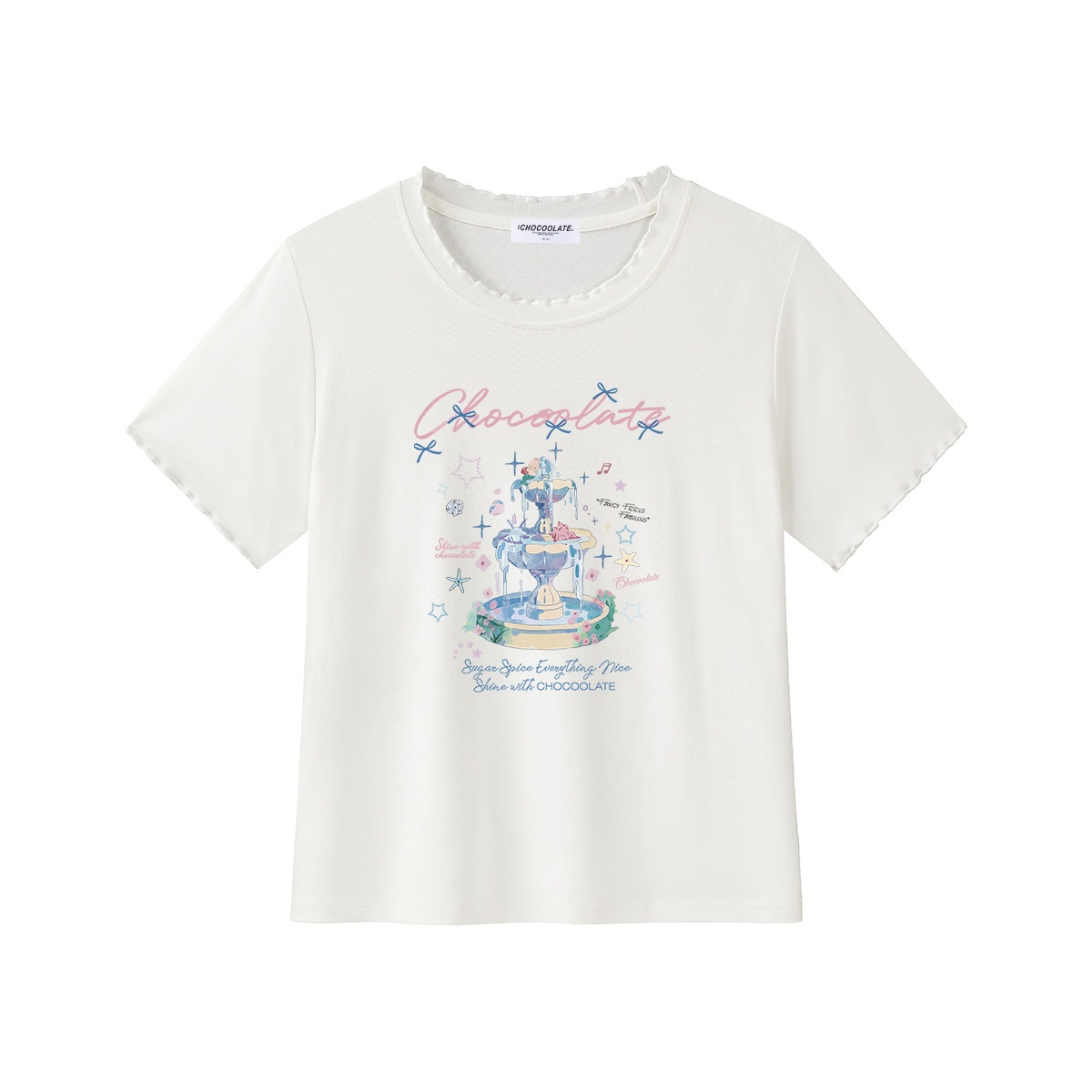 13714739.CHOCOOLATE印花短袖t恤夏日小清新木耳边休闲半袖上衣