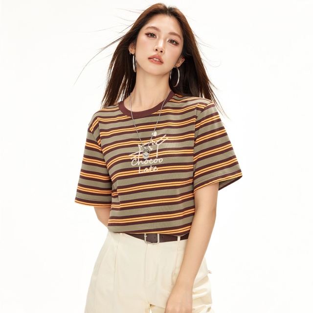 13714683.CHOCOOLATE撞色条纹上衣夏季新款圆领t恤校园减龄女装