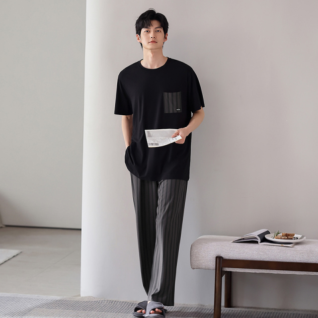 13340189.派邦奴男士夏秋季黑色睡衣简约软糯家居服套装fd