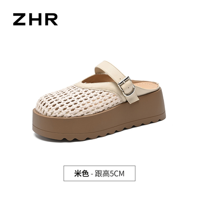 13534960.【ZHR则则】包头拖圆头立体网面套脚厚底女鞋[PU]