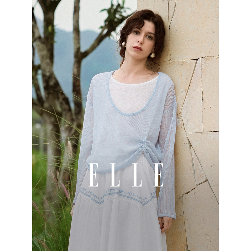 13342693.ELLE慵懒感女式针织衫度假休闲风全件镂空设计罩衫